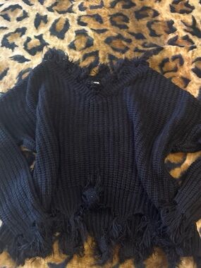 Fashion Nova Black Frayed V‑Neck Knit Sweater